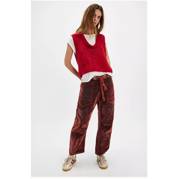 Free People We The Free Moxie Flocked Pull-On Barrel Jeans 25 NEW - Picture 1 of 5